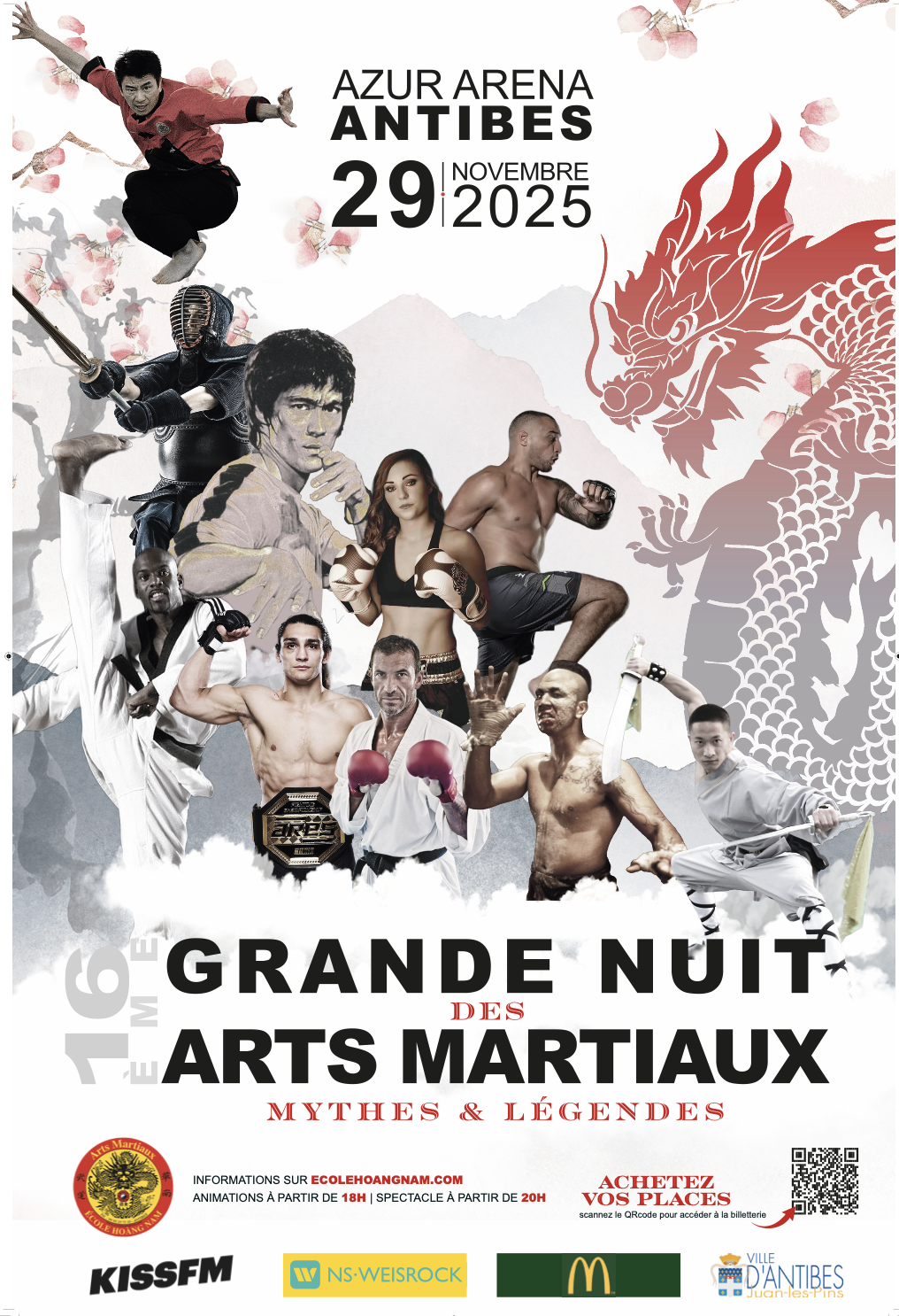 Affiche de la Grande Nuit des Arts Martiaux d'Antibes le 29 novembre 2025